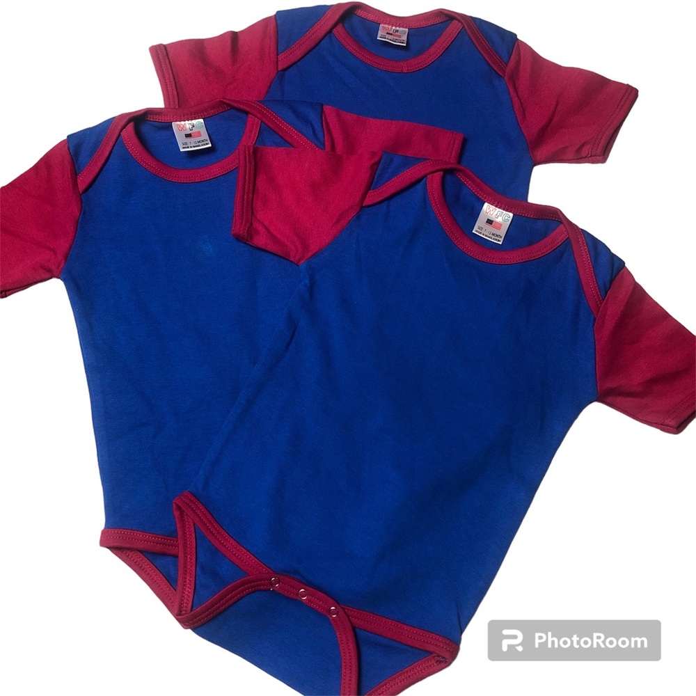 Triplets Outfits 7-12 mo (3) Red & Blue One Piece Short Sleeve Snap Bottom